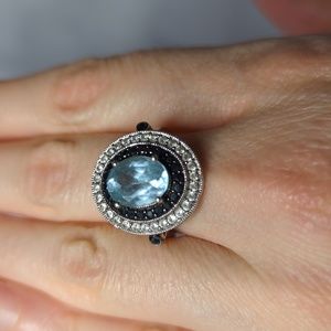 Blue and White Topaz with Black Spinel Sterling Silver Ring